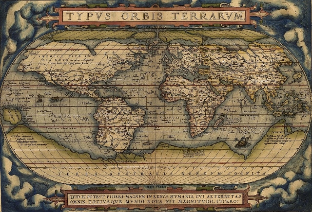 The world Ortelius' Typus Orbis Terrarum, first published 1564. Library of Congress.